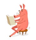 Funny cartoon pig reading a book vector illustration, smart swine education and literature hobby theme humorous animal character Royalty Free Stock Photo