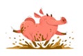 Funny cartoon pig runs in dirt vector illustration. Royalty Free Stock Photo