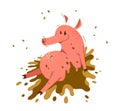 Funny cartoon pig sits in dirt vector illustration. Royalty Free Stock Photo