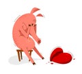 Funny cartoon pig upset and depressed sitting and crying because of broken heart vector illustration, breakup loneliness