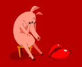 Funny cartoon pig upset and depressed sitting and crying because of broken heart vector illustration, breakup loneliness Royalty Free Stock Photo