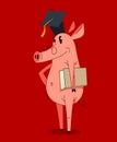 Funny cartoon pig wearing student hat and holding a book graduate student vector illustration, smart swine education theme