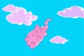 Funny cartoon pink elephant flies in the blue sky vith light violet clouds, bottom view