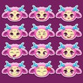 Funny cartoon pink girl monster emotions set Royalty Free Stock Photo