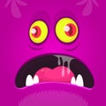 Funny Cartoon Pink Monster Face With Yellown Eyes. Vector Halloween illustration of scared monster