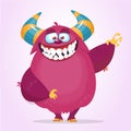 Funny cartoon pink monster waving. Vector cute monster mascot illustration for Halloween Royalty Free Stock Photo