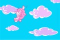 Funny cartoon pink smiling elephant flies in the sky with clouds