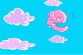 Funny cartoon pink smiling elephant flies in the sky with clouds