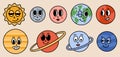 Funny cartoon planets of solar system characters. Mercury, Venus, Earth, Mars, Jupiter, Saturn, Uranus, Neptune groovy