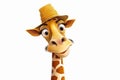 Funny Cartoon Portrait Of Giraffe Head In Yellow Hat An Unusual Surprised Face Isolated On White Background. Generative