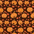 Funny cartoon Pumpkin seamless pattern with heart shapes scattered on dark brown background.