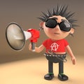 Funny cartoon punk rocker character using a megaphone loudhailer, 3d illustration