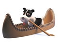 Funny cartoon puppy dog in a kayak canoe, 3d illustration