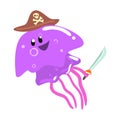 Funny cartoon purple jellyfish pirate in a hat holding a sword colorful character vector Illustration Royalty Free Stock Photo