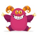 Funny cartoon purple monster sitting and waving. Vector Halloween illustration