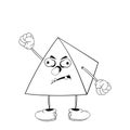 Funny cartoon pyramid with eyes, arms and legs in shoes is angry and shows a fist. Black and white coloring