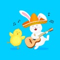 Funny cartoon rabbit characters with mexican hat.