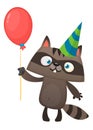 Funny cartoon raccoon holding red balloon wearing birthday party hat. Vector illustration for birthday postcard Royalty Free Stock Photo