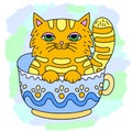Funny cartoon red cat sits in a cup. Vector