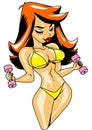 Funny cartoon red-haired girl in a bikini with dumbbells