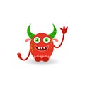 Funny cartoon red horned laughing monster isolated on white