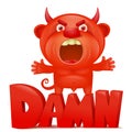 Funny cartoon red little devil emoji character with damn title Royalty Free Stock Photo