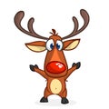 Funny cartoon red nose reindeer character excited waving hands. Christmas vector illustration isolated. Royalty Free Stock Photo