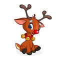 Funny cartoon red nose reindeer character wearing beells oh his neck and sitting Christmas vector illustration. Royalty Free Stock Photo