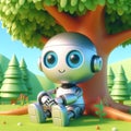 Funny cartoon of a robot resting under a tree. Digital and technology team. AI generated