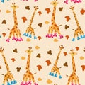 Funny cartoon roller-skating giraffes seamless pattern. Childrens illustration animals go in for sports. Cute loving giraffes.