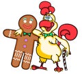 Funny cartoon rooster hugging gingerbread man.