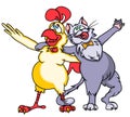Funny cartoon rooster and the tomcat singing a song and hugging.