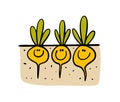 Funny cartoon root vegetables with human face grow in the ground . Vector illustration of hand drawn vegetable garden in Royalty Free Stock Photo