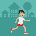 Funny cartoon running girl Cute run woman Night summer time. House, tree silhouette. Jogging lady Runner Fitness outside workout