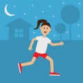 Funny cartoon running girl Cute run woman Night summer time. House, tree silhouette. Stars shining. Jogging lady Runner Fitness