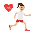 Funny cartoon running girl Heart beat icon Cute run woman Jogging lady Runner Fitness cardio workout running female character Iso Royalty Free Stock Photo