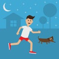 Funny cartoon running guy Dachshund dog. Night summer time. House, tree silhouette.
