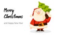 Funny cartoon Santa Claus with Christmas tree. Christmas card with Santa spruce tree. Royalty Free Stock Photo