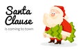 Funny cartoon Santa Claus with Christmas tree. Christmas card with Santa spruce tree. Royalty Free Stock Photo