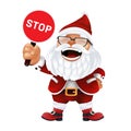Funny cartoon Santa Claus in a red hat and glasses. Laughing and smiling Christmas character in traditional costume holding and