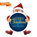 Funny cartoon Santa Claus in a red hat and glasses. Peeking Christmas character in traditional costume holding and showing a Royalty Free Stock Photo