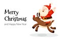 Funny cartoon Santa Claus rides a deer Christmas card with Santa and reindeer Rudolph. Christmas and New Year Royalty Free Stock Photo