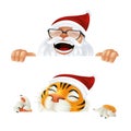 Funny cartoon Santa Claus and Tiger - symbol of the year by Chinese calendar. Laughing and smiling Christmas characters peeking Royalty Free Stock Photo