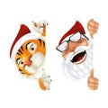 Funny cartoon Santa Claus and Tiger - symbol of the year by Chinese calendar. Laughing and smiling Christmas characters peeking Royalty Free Stock Photo