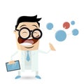 Funny cartoon scientist with molecule and tablet Royalty Free Stock Photo