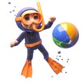 Funny cartoon scuba snorkel diver looking at a beachball underwater, 3d illustration