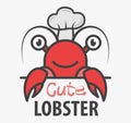 Funny cartoon seafood shop mascot. Happy lobster chef. Crawfish bar icon. Design for print, emblem, t-shirt, party decoration, Royalty Free Stock Photo