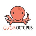 Funny cartoon seafood shop mascot. Vector Logo of Happy cute curious octopus or devilfish