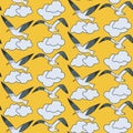 Funny cartoon seagulls patternon yellow background