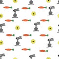 Funny cartoon seamless pattern for children background. Rabbits, carrots, flower